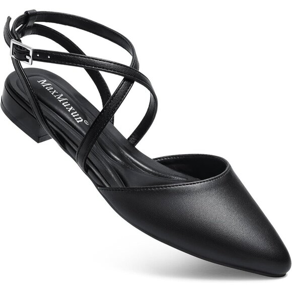 Shoes - 🆕Women's Black Pointed Toe With Adjustable Ankle Strap Dressy Slingback Flats
